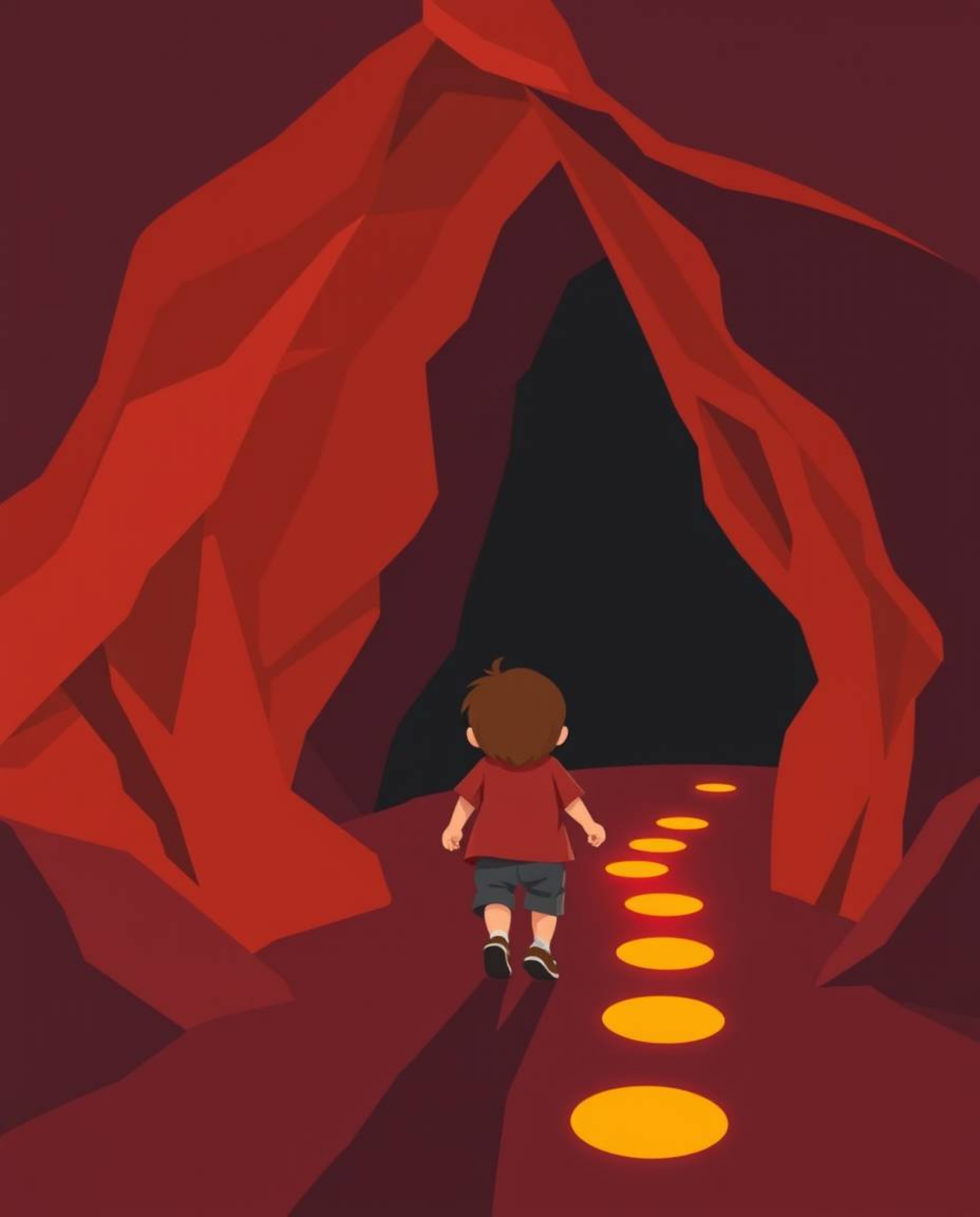A captivating scene depicts a child with short brown hair embarking on a thrilling cave adventure, guided by a glowing trail 
