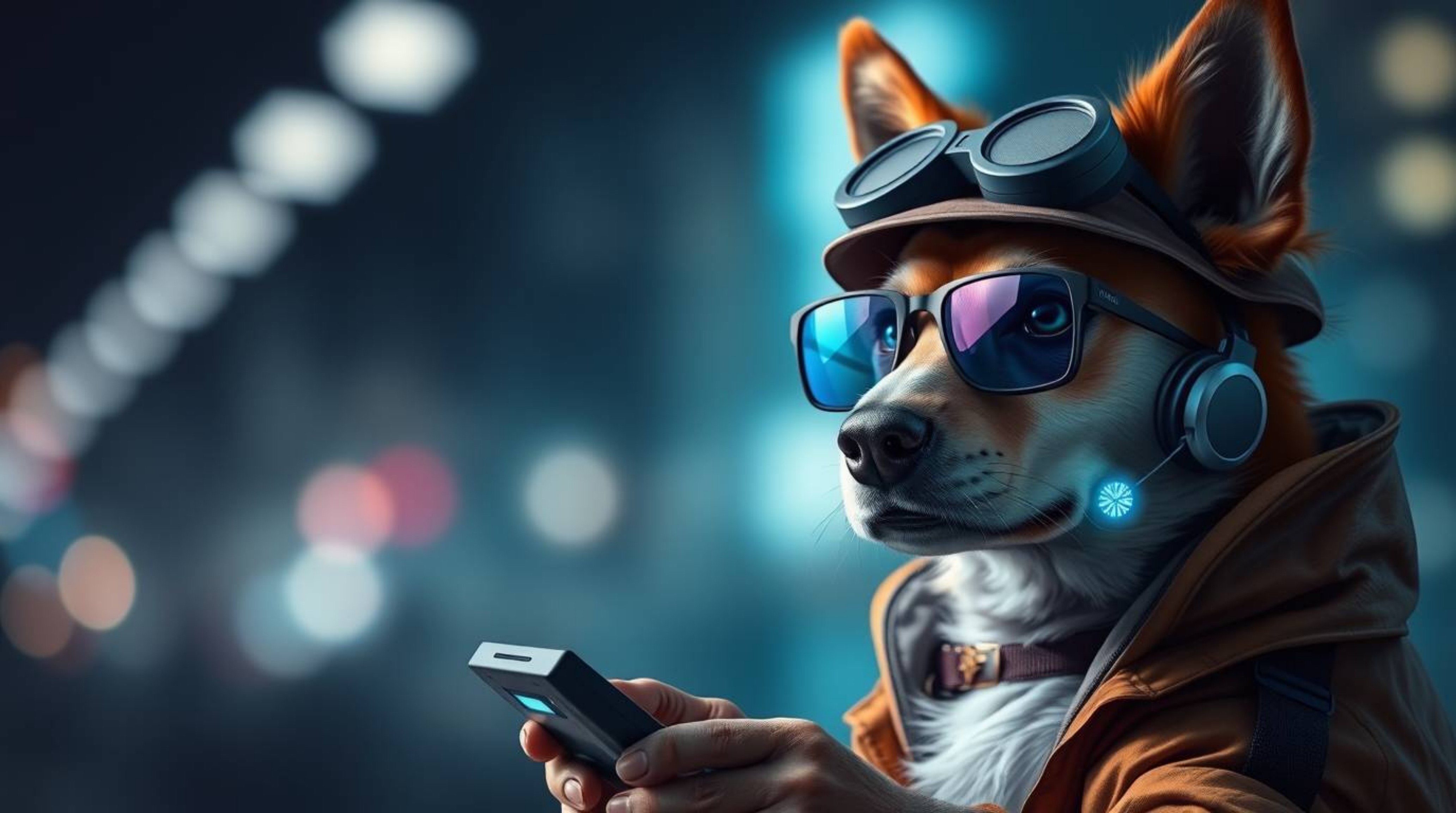 A stunning digital painting of a dog detective, equipped with high-tech gadgets, is presented in a distinct split composition
