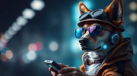 A stunning digital painting of a dog detective, equipped with high-tech gadgets, is presented in a distinct split composition