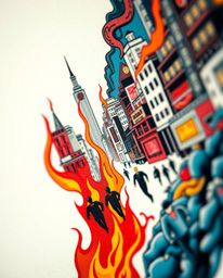 This vibrant traditional tattoo style print captures an extreme close-up macro view of a city engulfed in flames, with people