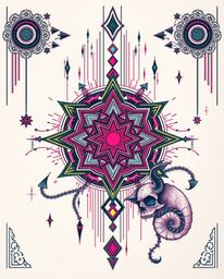 Explore a surreal infrared-toned print showcasing traditional tattoo art with a modern twist. Glitched geometric shapes float