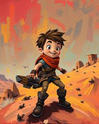 A captivating acrylic painting showcases a brave, Disney-esque hero embarking on a thrilling desert adventure.  The artwork's