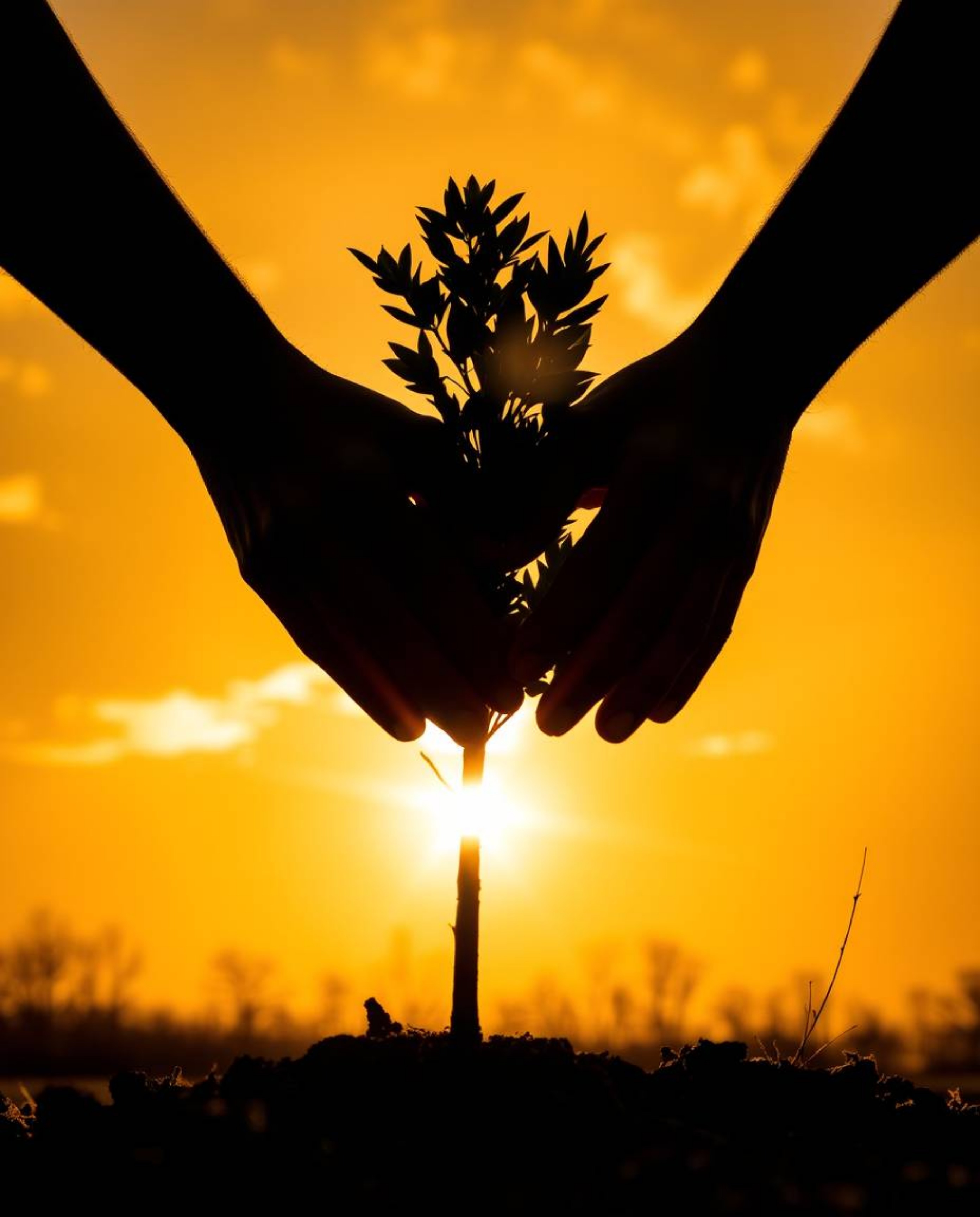 A captivating high-contrast photograph depicts hands planting a tree against a vibrant golden sky.  The image showcases inten