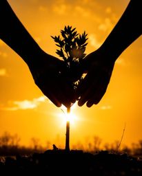 A captivating high-contrast photograph depicts hands planting a tree against a vibrant golden sky.  The image showcases inten