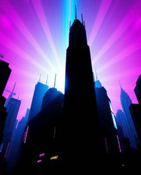 Immerse yourself in a low-angle view of a cyberpunk cityscape silhouetted against a vibrant, colorful neon backdrop. Experien