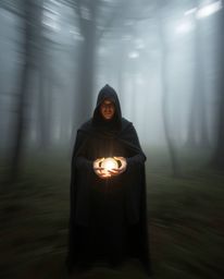 This image captures the ethereal beauty of a misty forest through long exposure photography. A cloaked figure, barely defined