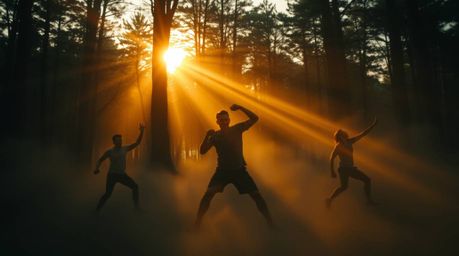 Experience the dynamic illumination of action poses in a dense forest at sunset. Volumetric lighting casts dramatic shadows a