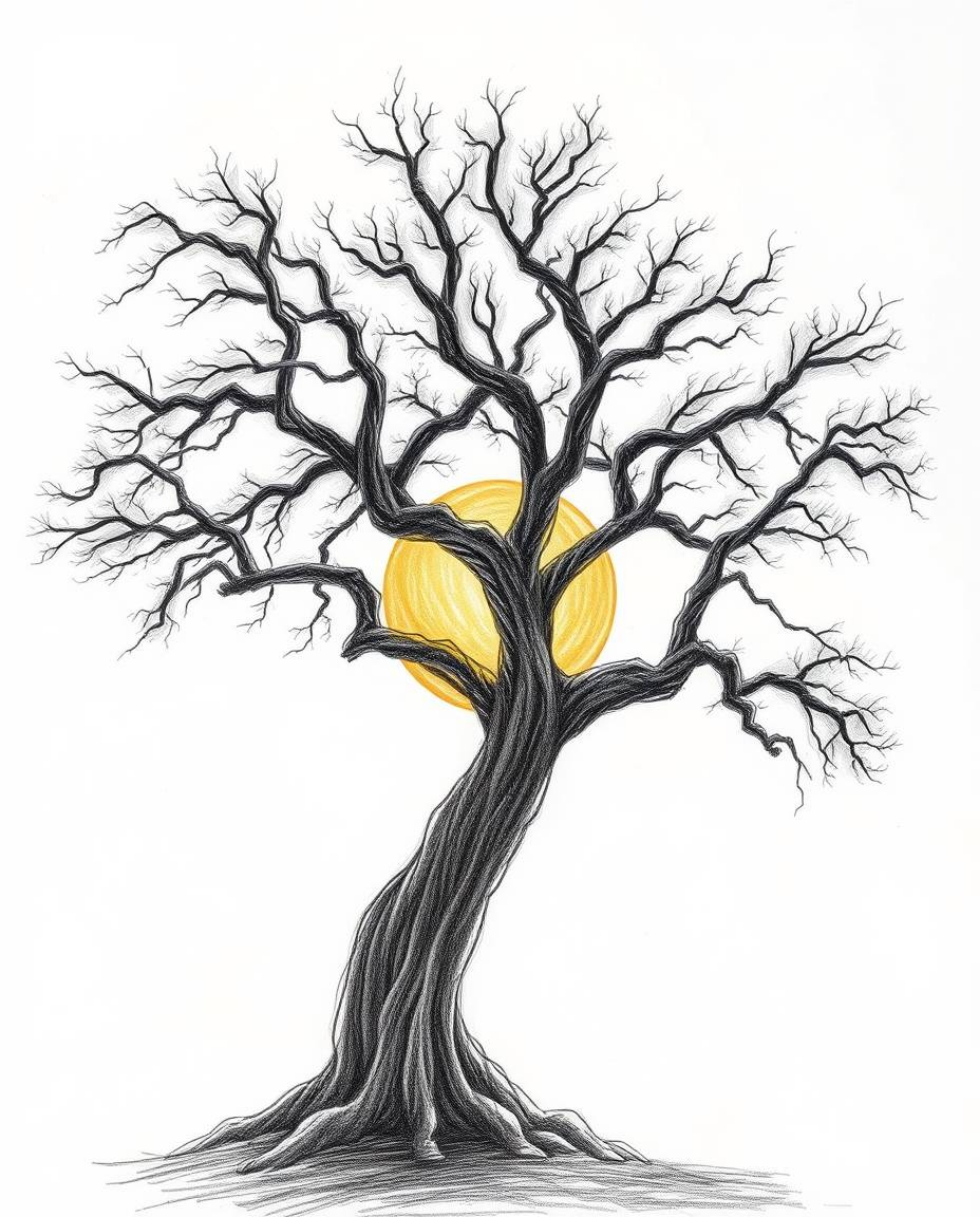 A hand-drawn sketch in natural earth tones. This piece uses high-contrast, low-key lighting to depict a sunset behind an old 