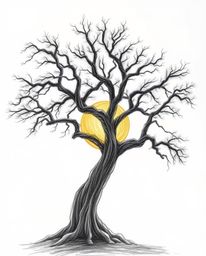 A hand-drawn sketch in natural earth tones. This piece uses high-contrast, low-key lighting to depict a sunset behind an old 