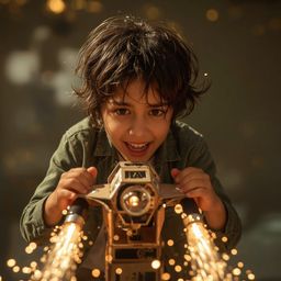 This exquisite high fashion photography captures the joy and ingenuity of a young boy with messy brown hair and bright eyes, 