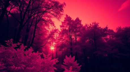 Experience the surreal beauty of a dense forest bathed in the ethereal glow of sunset light, captured in the infrared spectru