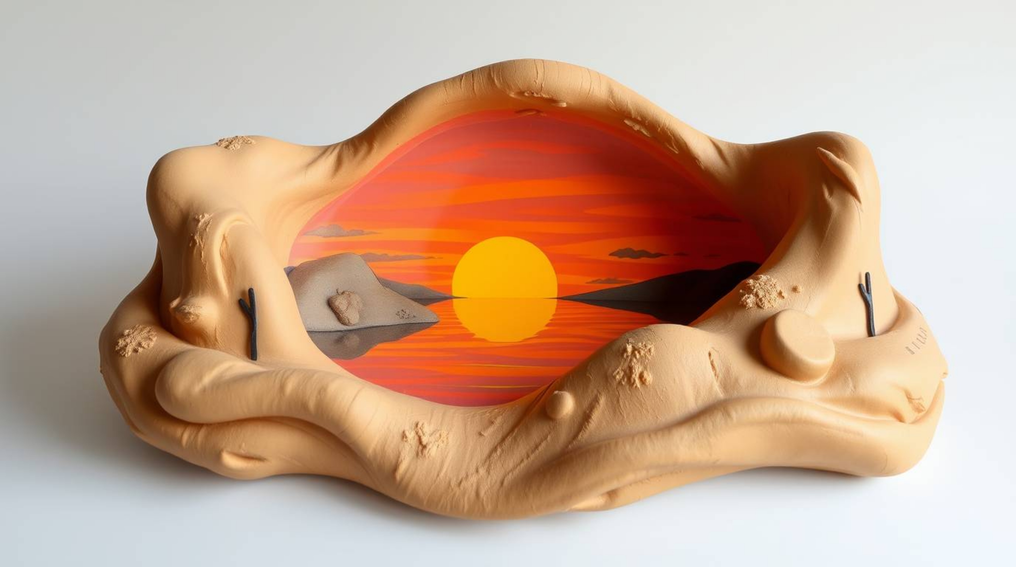 This stunning sculptural clay art piece captures the serene beauty of a lake reflecting a vivid sunset sky. The textured surf