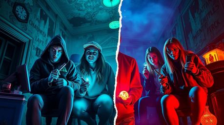 A group of teenagers, each in a distinct area of a haunted mansion, unravel a thrilling mystery.  The scene is vibrant with b