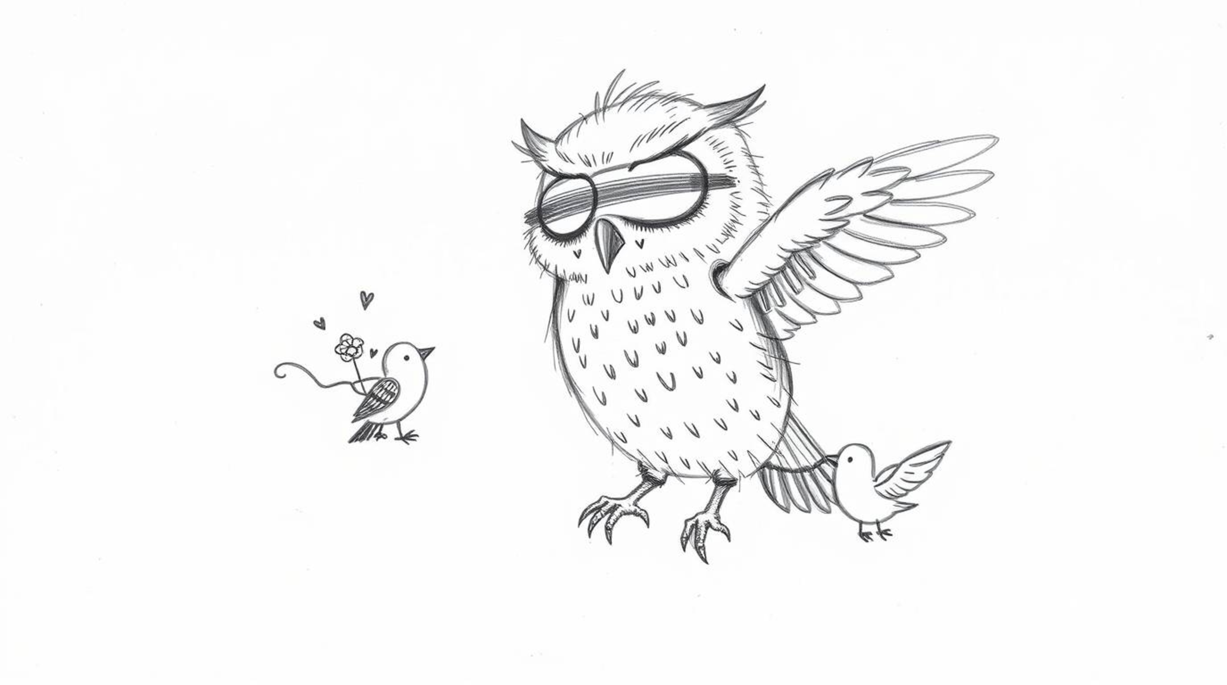A heartwarming, hand-drawn sketch in the style of Pixar depicts a blind owl with soft, feathery textures, lovingly teaching s