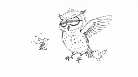 A heartwarming, hand-drawn sketch in the style of Pixar depicts a blind owl with soft, feathery textures, lovingly teaching s
