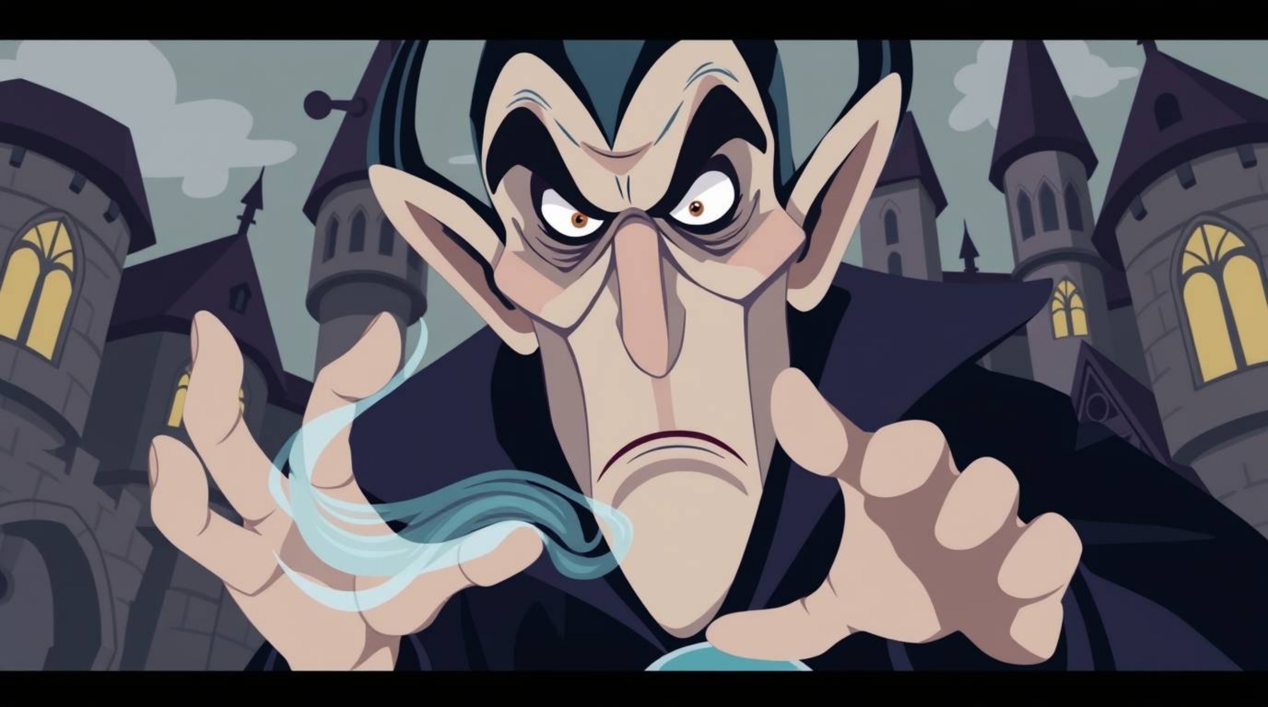A captivating close-up illustration showcases a classic Disney villain in a modern flat design style. The villain, with shar