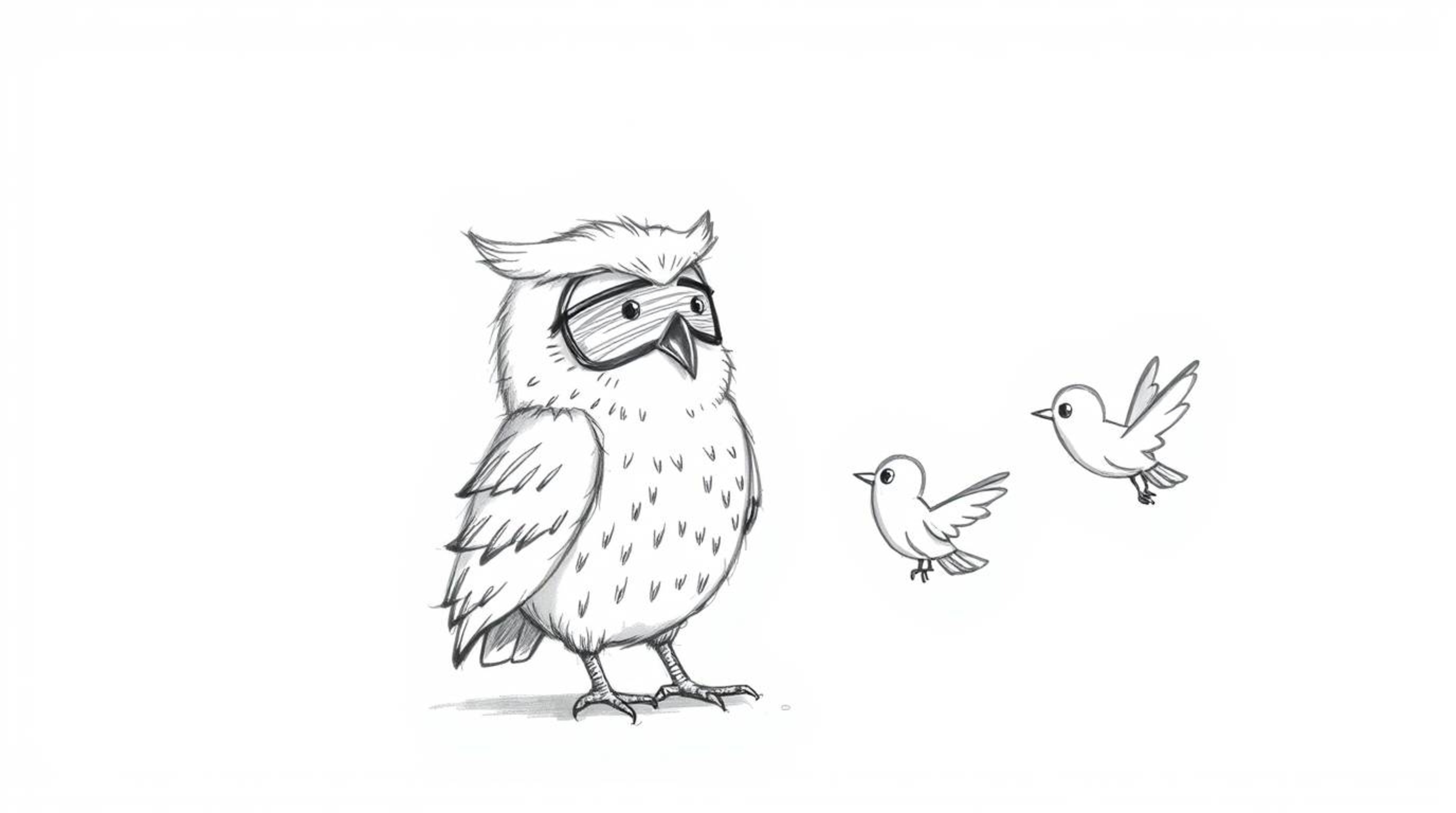 A heartwarming hand-drawn sketch in the style of Pixar depicts a gentle, blind owl with soft, rounded features patiently teac