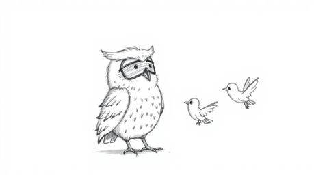 A heartwarming hand-drawn sketch in the style of Pixar depicts a gentle, blind owl with soft, rounded features patiently teac