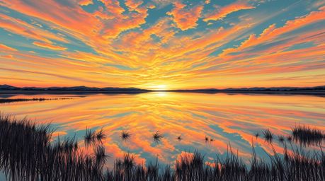 A captivating hand-drawn sketch depicts a serene lake mirroring a vibrant sunset sky.  Rendered in surreal infrared tones, th