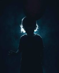 A captivating image showcasing a child holding a balloon, rendered in a style that evokes an eerie atmosphere.  The chiaroscu