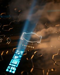 Explore captivating visuals blending volumetric lighting with a cast bronze surface, featuring a futuristic digital interface