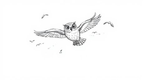 A captivating hand-drawn sketch reminiscent of Pixar animation showcases a blind owl in mid-flight, remarkably teaching birds