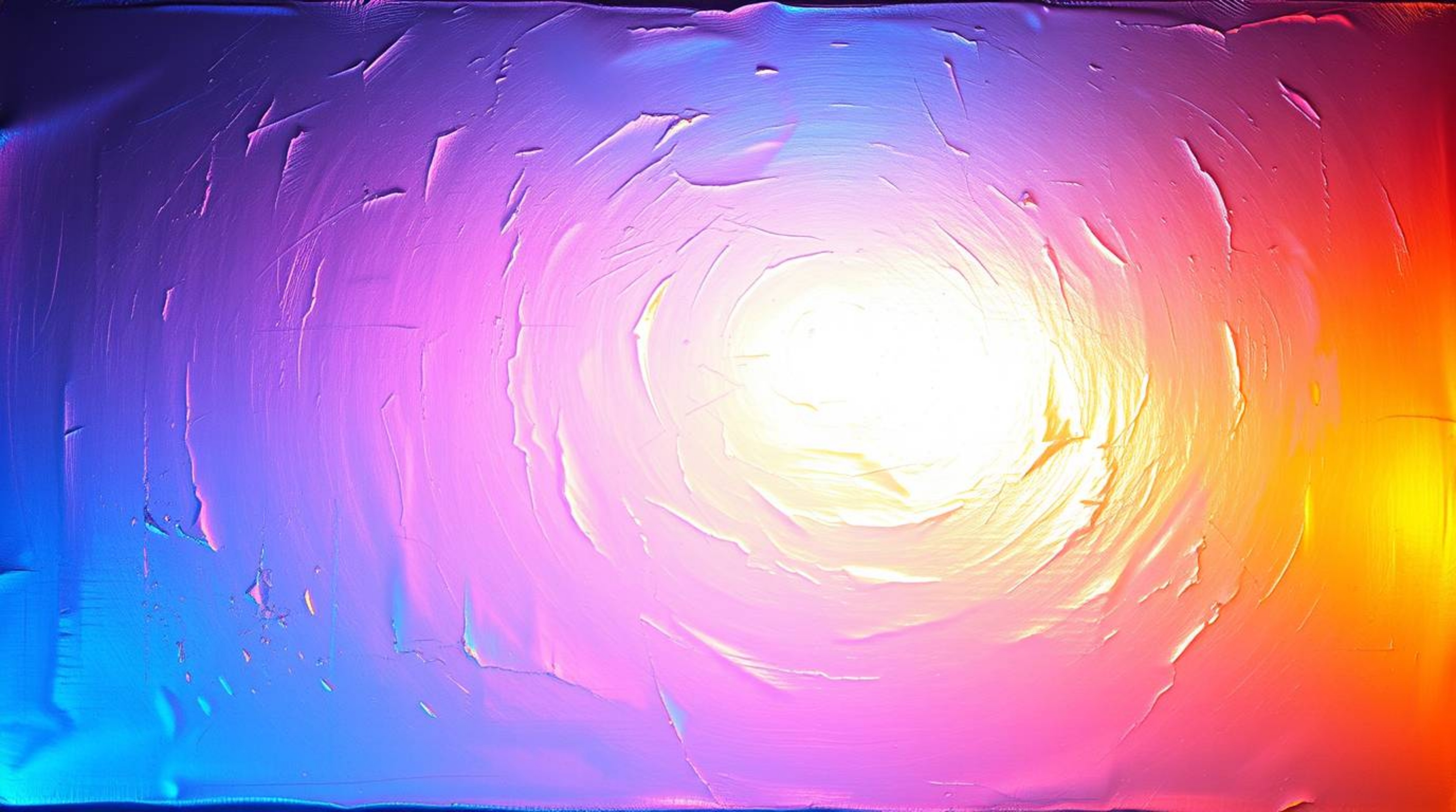 A captivating high-contrast acrylic painting showcases a bold composition with iridescent gradient textures on a metallic sur