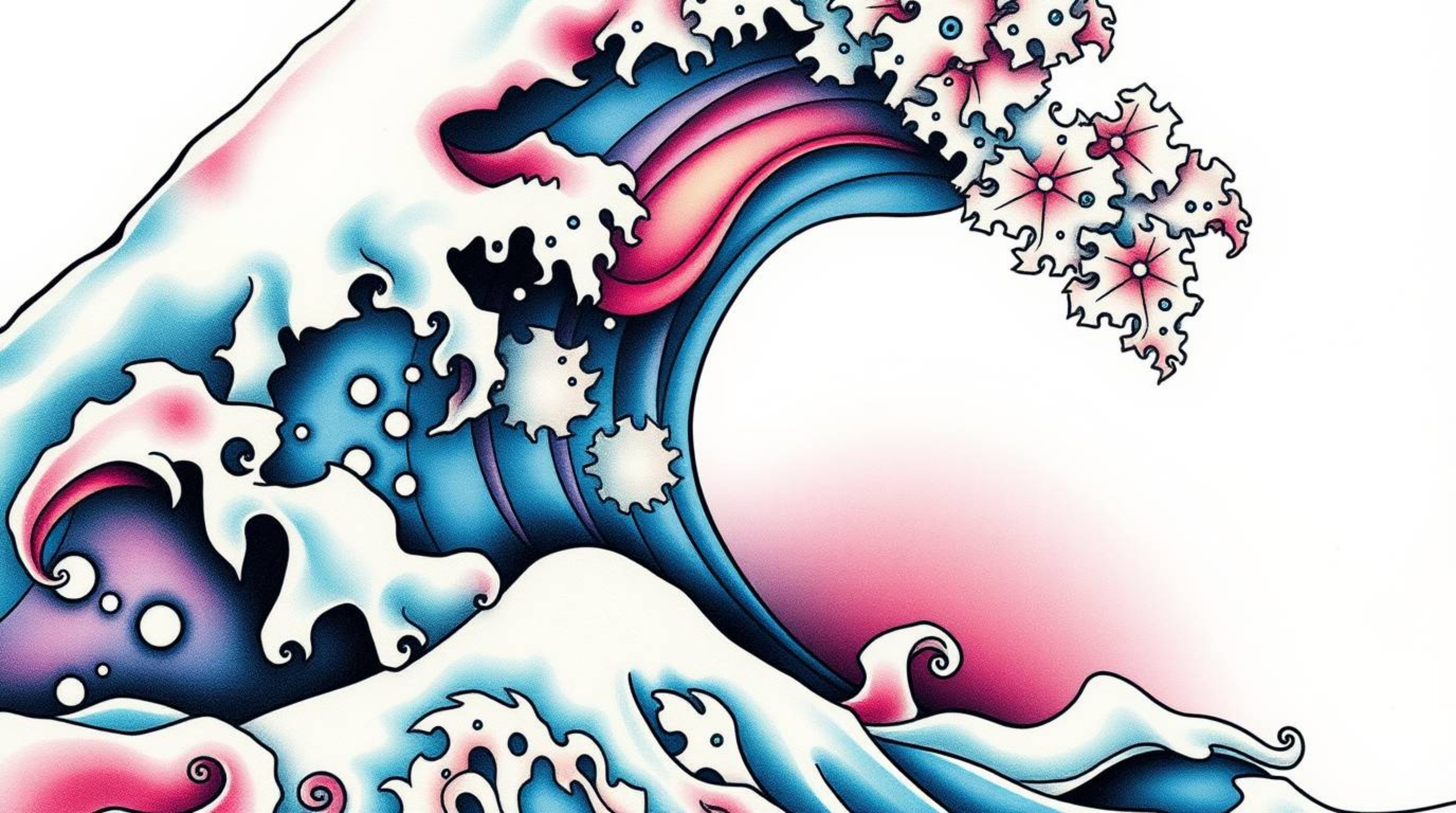 This symbolic traditional tattoo art print showcases an extreme macro close-up of a fluid abstract wave.  Featuring a pastel 
