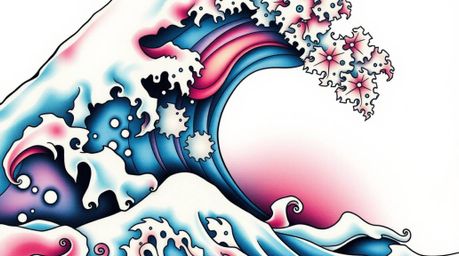 This symbolic traditional tattoo art print showcases an extreme macro close-up of a fluid abstract wave.  Featuring a pastel 