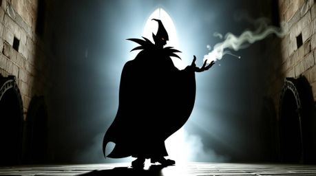 A silhouetted classic Disney villain is casting a spell within the confines of an ancient castle, strongly backlit to emphasi