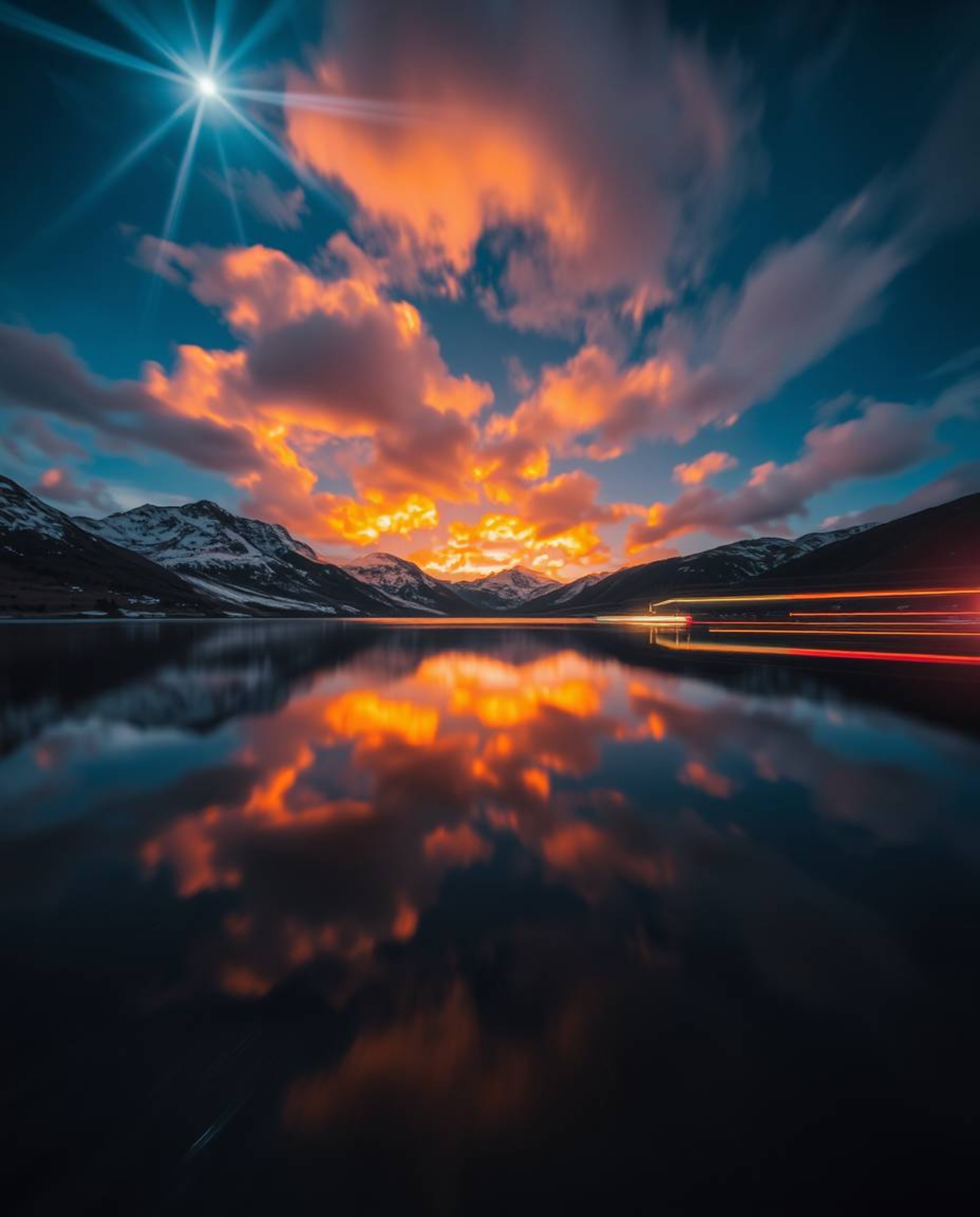 This is a stunning long-exposure photograph capturing the mesmerizing reflections of fiery clouds in a mountain lake. Bright 