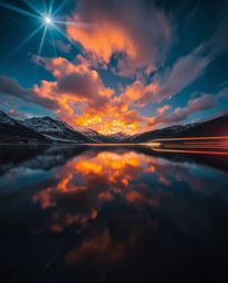 This is a stunning long-exposure photograph capturing the mesmerizing reflections of fiery clouds in a mountain lake. Bright 
