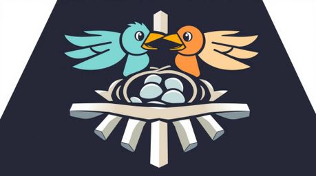 A high-angle perspective logo featuring two cartoon birds constructing a nest. The design utilizes a classic animation style