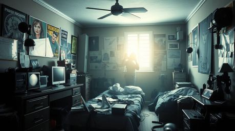 A captivating image depicts a messy bedroom, brimming with strange gadgets and posters, silhouetted against a vibrant light s