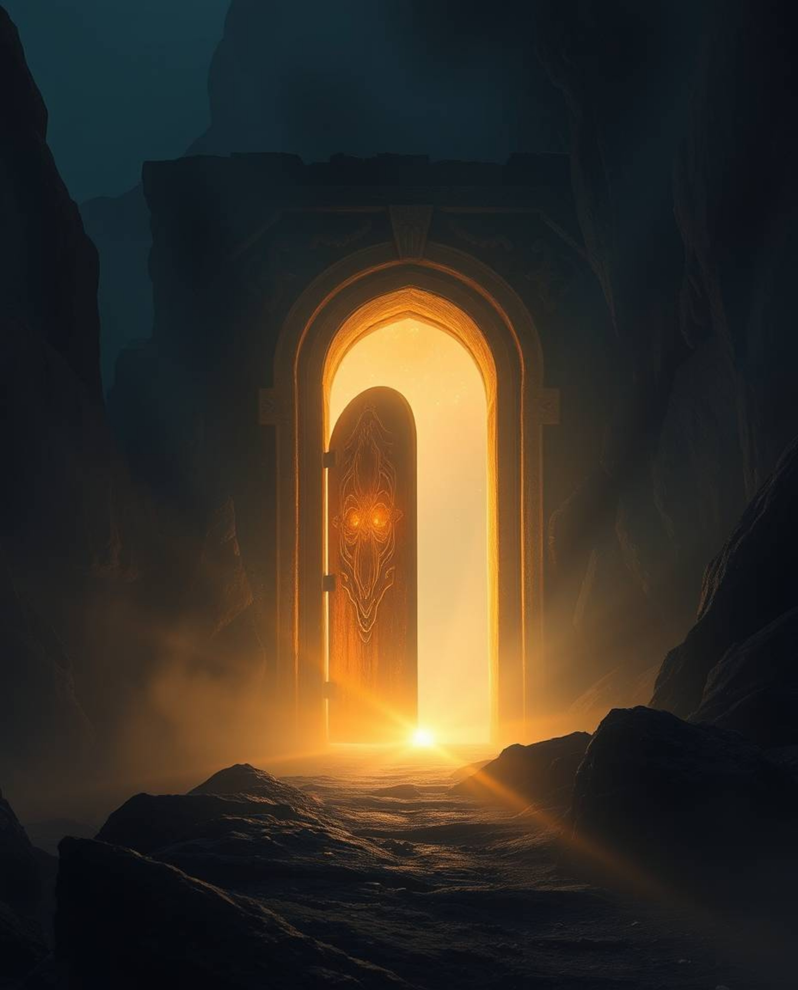 An ancient doorway, etched with glowing runes, is nestled within the side of a majestic mountain. Volumetric lighting dramati