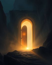 An ancient doorway, etched with glowing runes, is nestled within the side of a majestic mountain. Volumetric lighting dramati
