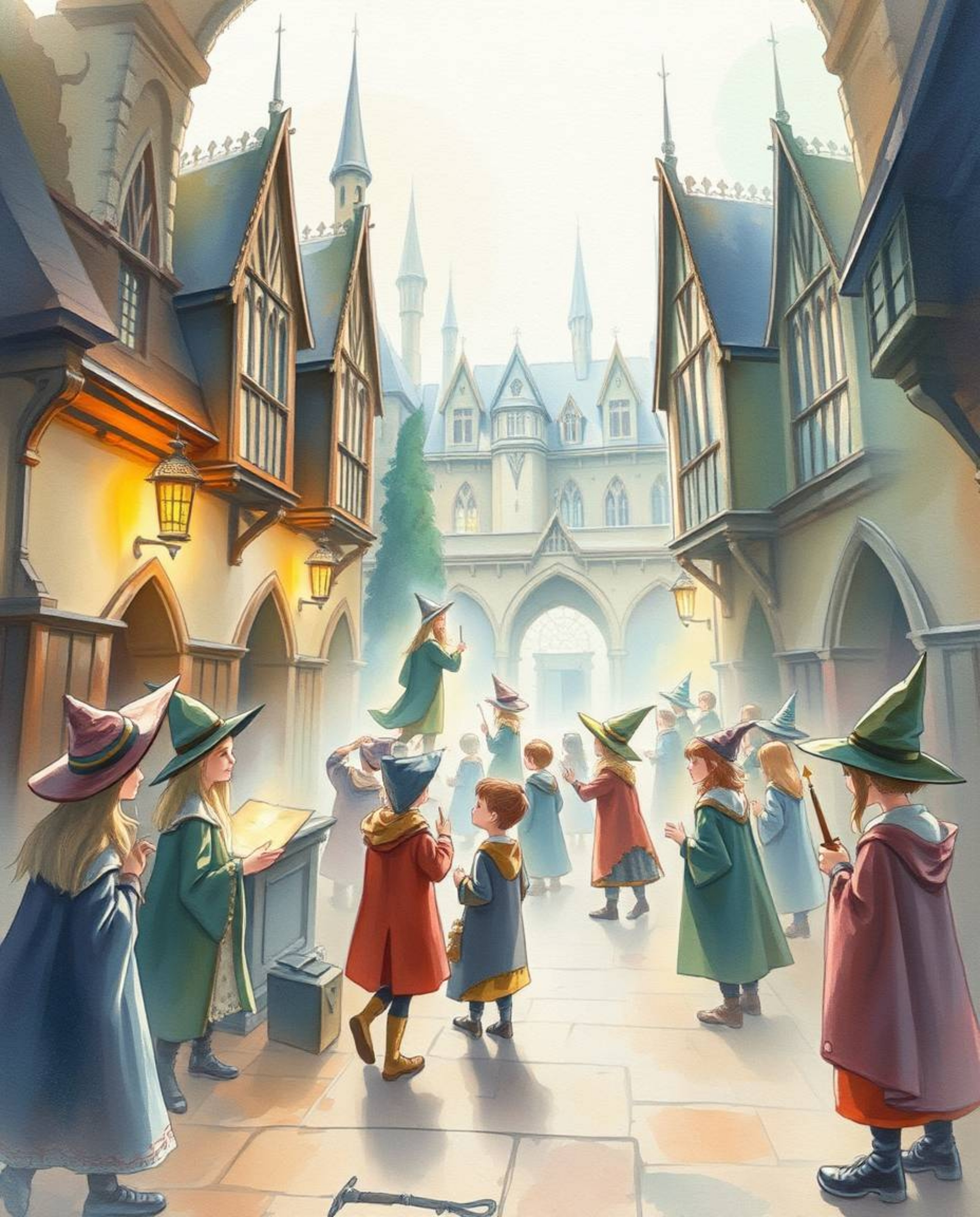 Explore a magical school brimming with young wizards, beautifully depicted in delicate watercolor paintings. The soft light a