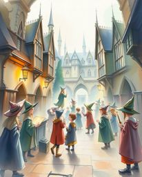 Explore a magical school brimming with young wizards, beautifully depicted in delicate watercolor paintings. The soft light a