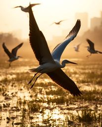 A candid street photography style image captures a spontaneous moment of herons flying over urban wetlands during the golden 
