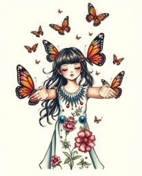 This captivating art print features a symbolic traditional tattoo design depicting a girl releasing butterflies. The artwork 