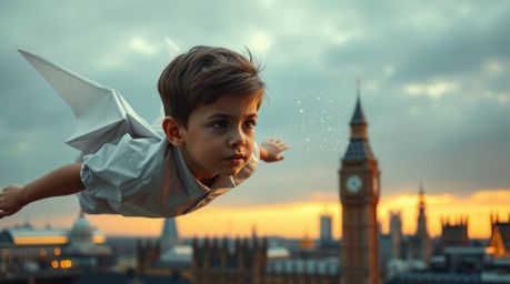 A young boy, with a determined expression, soars above the London skyline, propelled by pixie dust.  Rendered in an intricate