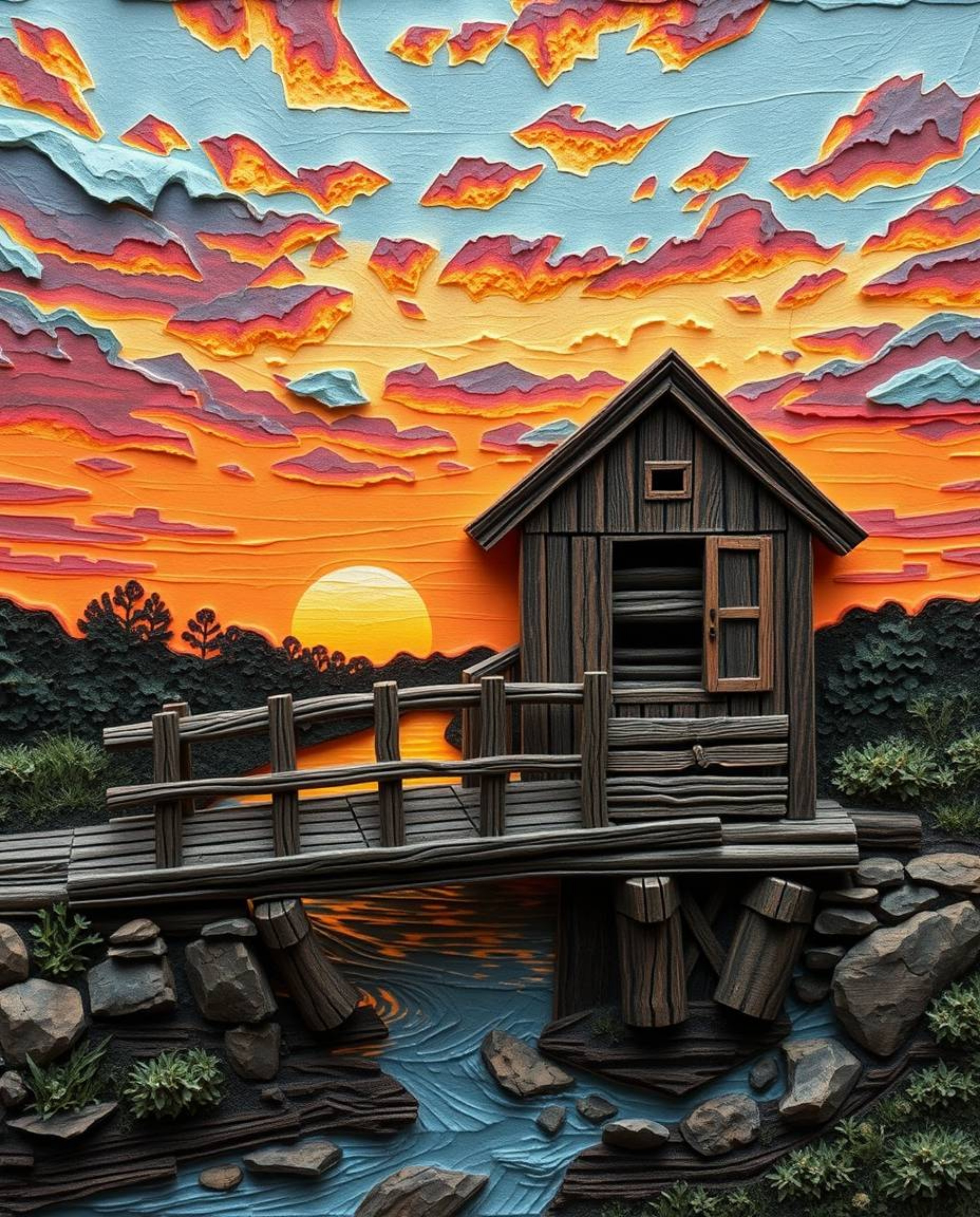 A sculpted, textured image depicting an old wooden bridge over a river at sunset. This artwork is rendered in layered papier-