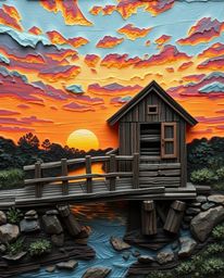 A sculpted, textured image depicting an old wooden bridge over a river at sunset. This artwork is rendered in layered papier-