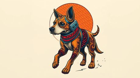 A vibrant and symbolic tattoo art print featuring a futuristic dog walking in space.  Rendered in a strong, moody style with 