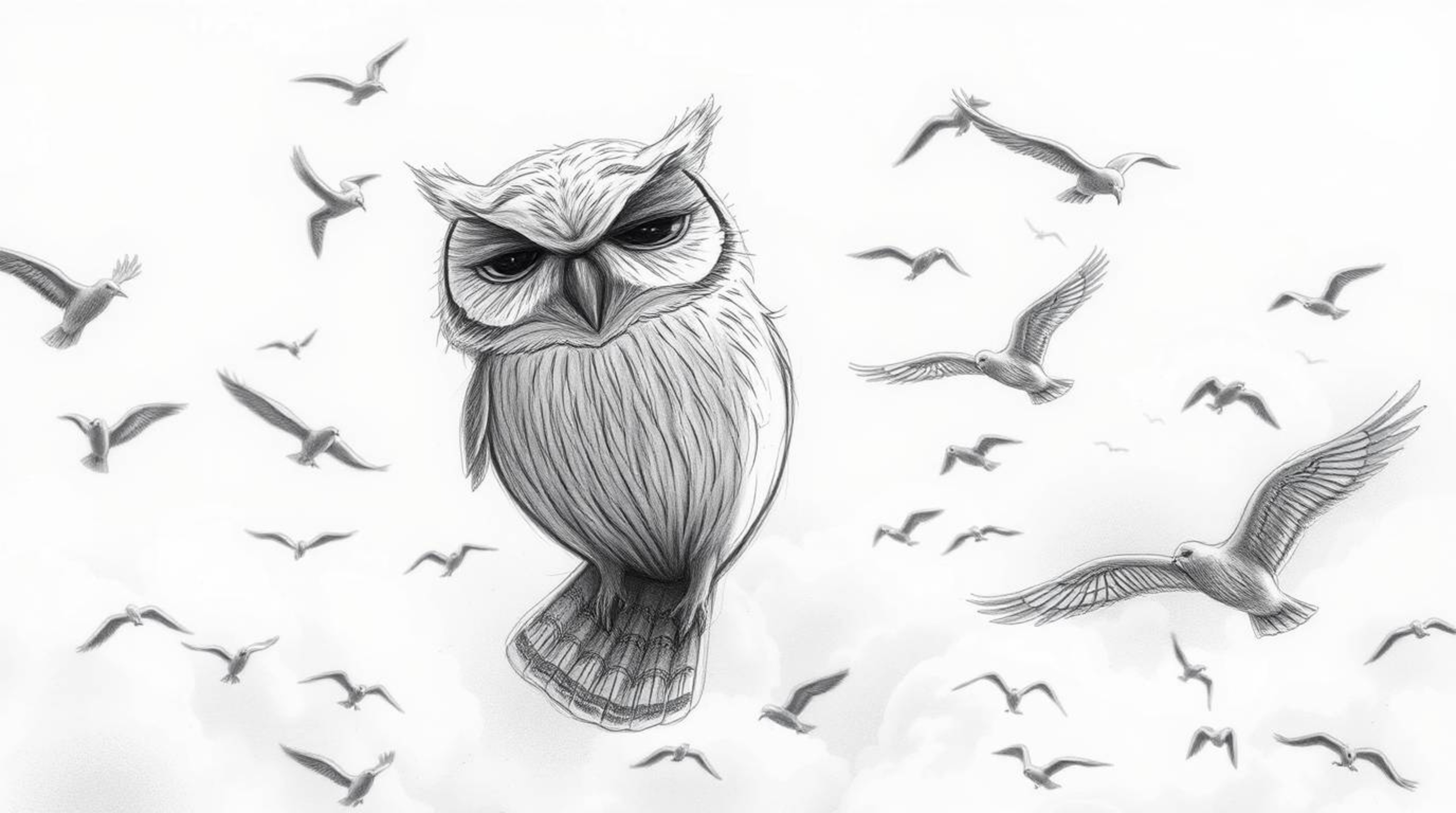 This captivating piece features a hand-drawn, textured pencil sketch in a Pixar-esque style, depicting a wise, blind owl grac