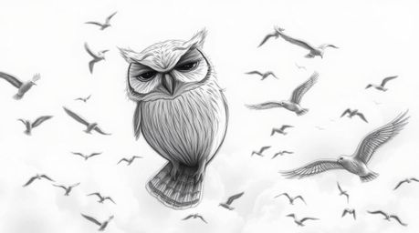 This captivating piece features a hand-drawn, textured pencil sketch in a Pixar-esque style, depicting a wise, blind owl grac