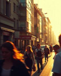 Explore the vibrant intersection of candid street photography and digital art with a focus on urban scenes bathed in the warm