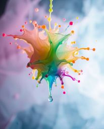 Experience a mesmerizing moment frozen in time with this dreamy photograph. A vibrant paint splash is captured mid-air, illum