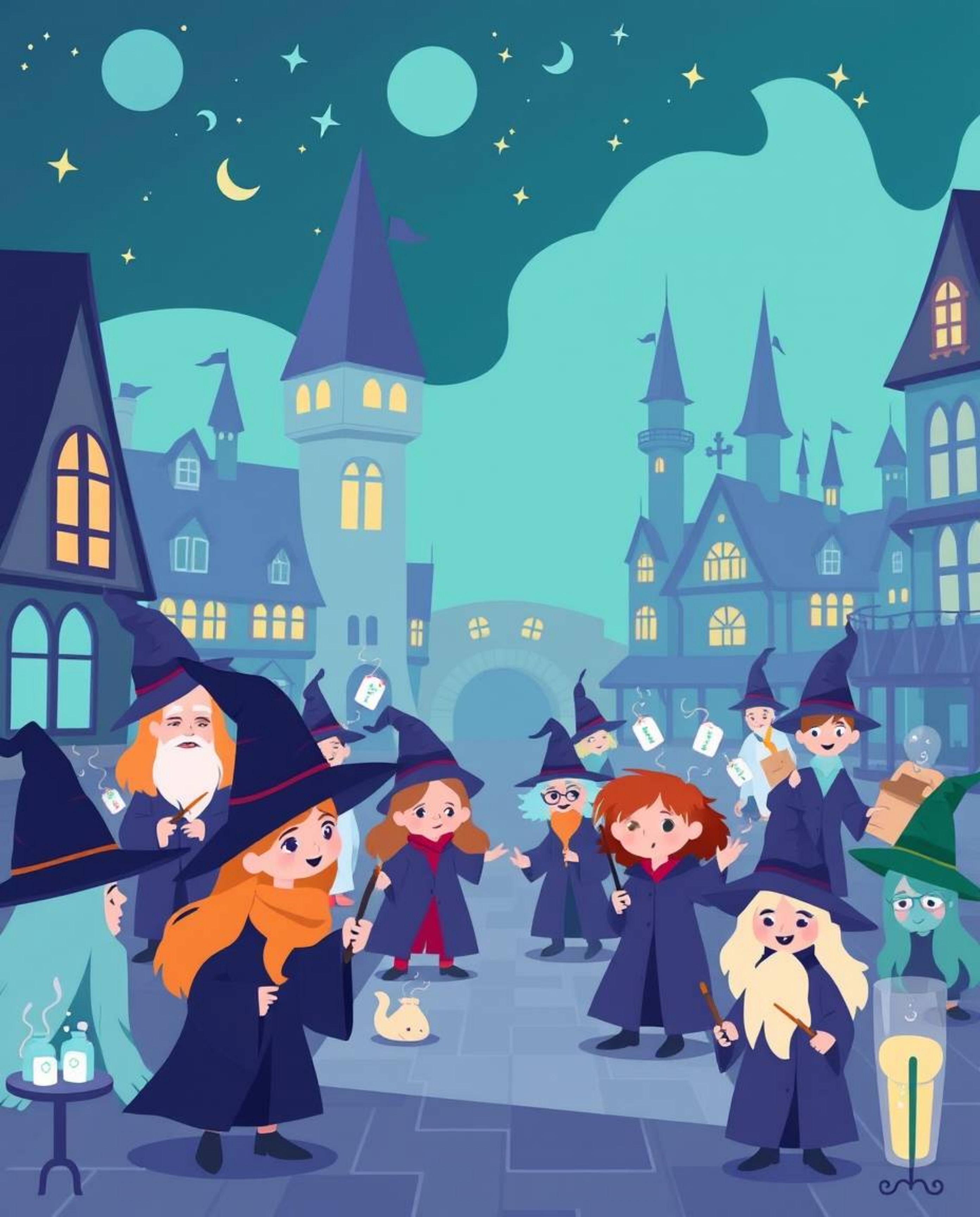 Discover a vibrant and modern illustration of a magical school brimming with young wizards.  This captivating design utilizes