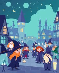Discover a vibrant and modern illustration of a magical school brimming with young wizards.  This captivating design utilizes
